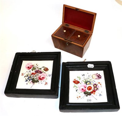 Lot 220 - A pair of Victorian floral decorated tile panels and a burr Yew wood tea caddy (3)