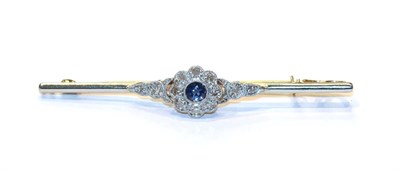 Lot 227 - A sapphire and diamond bar brooch, stamped '18CT & PLAT', length 5.4cm