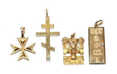 Lot 229 - A 9 carat gold ingot pendant, length 3.6cm; a hieroglyphic pendant, stamped '14K'; a Maltese...