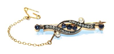 Lot 242 - A diamond, cultured pearl and sapphire bar brooch, length 4.4cm