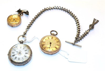 Lot 258 - A lady's fob watch with case stamped 9k, lady's fob watch with case stamped 14k, silver lady's...