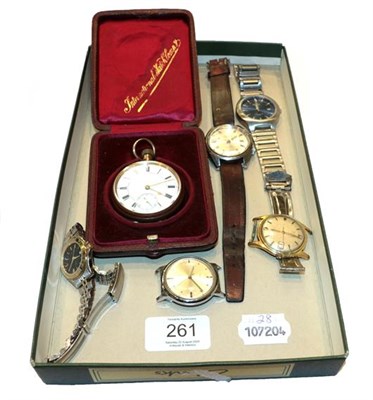 Lot 261 - A gold plated pocket watch, lady's bi-metal Accurist wristwatch, electric Timex wristwatch,...