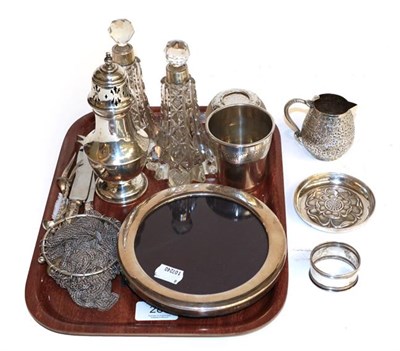 Lot 288 - A tray of assorted silver, including: a French silver beaker, maker's mark poorly struck,...