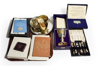 Lot 296 - A tray of silver and silver plate, the silver including: an Elizabeth II parcel-gilt silver goblet