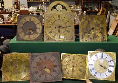 Lot 308 - ~ Seven 18th century longcase clock dials and movements, comprising, an eight day brass dial signed