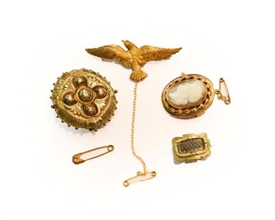 Lot 312 - A bird brooch, stamped '15CT', length 5.3cm; a cameo brooch, mount stamped '9CT'; and two Victorian