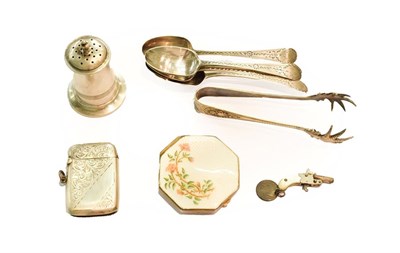Lot 316 - A set of six silver Georgian tea spoon, silver vesta case, silver pepperette, silver and enamel...