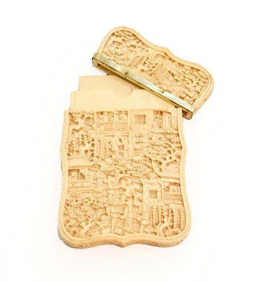 Lot 322 - A Chinese carved ivory card-case, Canton, 19th century, shaped oblong, each side carved with...