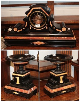 Lot 348 - A Victorian black slate and marble clock garniture, Roman chapter ring, eight-day twin tray...