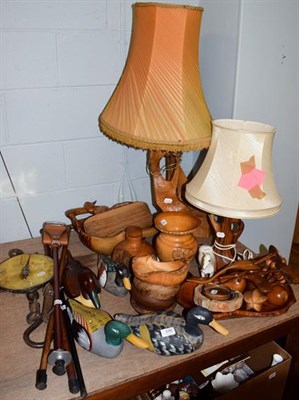 Lot 376 - Pine ducks, a root wood lamp and another, a quantity of treen and various ornaments, etc