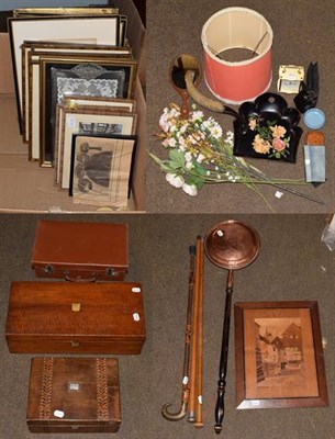 Lot 381 - Dressing table mirror, travelling writing slope, inlaid box, bed warming pan, walking sticks,...