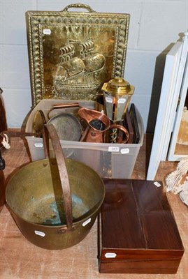 Lot 383 - Assorted copper and brass wares including fire screen, lamp, jam pan, kettle, a Victorian...
