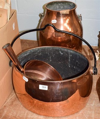 Lot 384 - Oval copper pan, a smaller copper pan and a milk churn