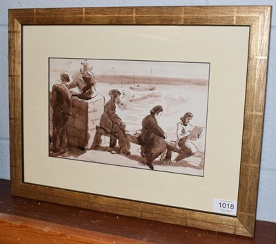 Lot 1018 - Hyman Segal (b.1914) Figures seated on a harbour wall Monochromatic watercolour, 17.5cm by...