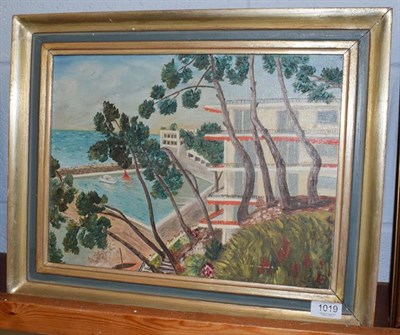 Lot 1019 - Continental School (20th century) View of a boating pond before the sea Initialled LB, oil on...