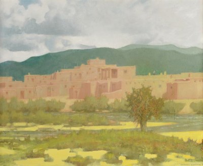 Lot 1032 - Geoffrey Jenkinson RCamA (1925-2005) ''August Summer Sky and River Taos Pueblo'' Signed and...