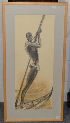 Lot 1039 - J* Olimba (20th century) Man with canoe Signed and dated (19)67, pencil, 84cm by 33cm  Artist's...