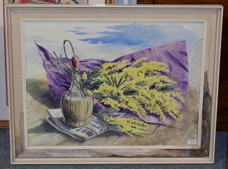 Lot 1042 - Stuart Armfield (1916-2000) Still life of a bottle of wine, newspaper and flowers Signed,...