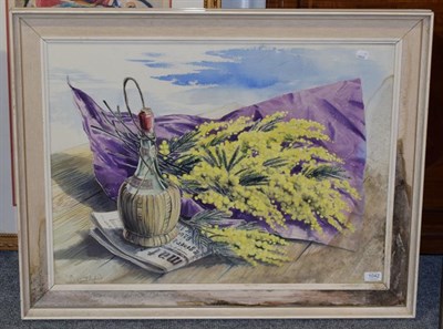 Lot 1042 - Stuart Armfield (1916-2000) Still life of a bottle of wine, newspaper and flowers Signed,...