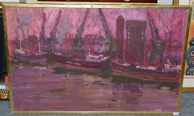 Lot 1043 - William Selby RSW RWS (b.1933) Dock Scene Signed oil on board, 70cm by 119cm  Artist's Resale...