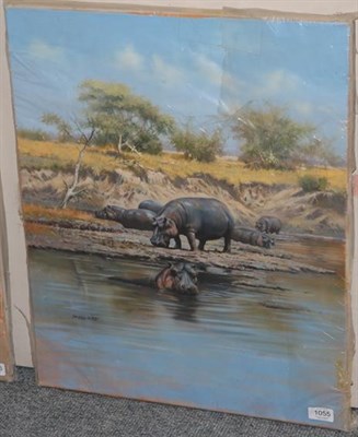Lot 1055 - John Seerey-Lester (b.1946) American Hippos Signed, oil on canvas, 62cm by 52cm (unframed)...