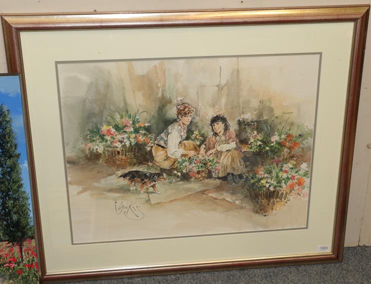 Lot 1063 - Gordon King (b.1939) The flower sellers Signed, watercolour, 53cm by 70cm   Artist's Resale...