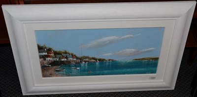 Lot 1083 - Steve Bowden (Contemporary) ''Beyond the Bay'' Signed, oil on board, 29cm by 59.5cm  Artist's...