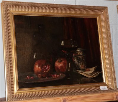 Lot 1140 - Monogrammed EWM Still life of fruit and wine Oil on canvas
