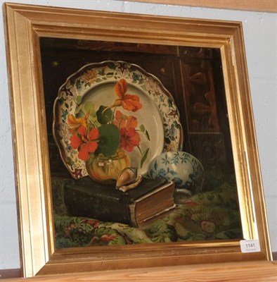 Lot 1141 - British School (19th/20th century)  Still life with Ironstone plate, Chinese blue and white...