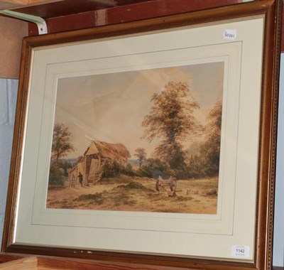 Lot 1142 - J Godet (19th Century)  Harvest landscape with figures Watercolour, signed and dated 1869