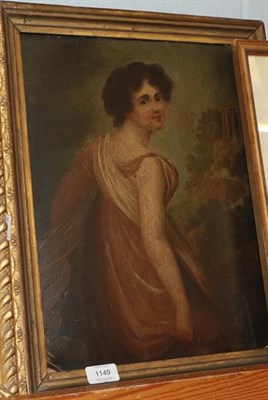 Lot 1149 - Manner of George Romney  Portrait of a beauty, three quarter length, standing before a...