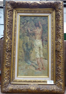 Lot 1164 - British School (20th century) Study of a man picking fruit from a tree  Oil on panel, 39cm by...
