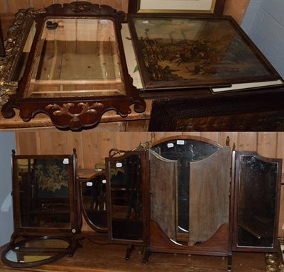 Lot 1243 - A Georgian fretwork mirror, gilt frame mirror, toilet mirror, two folding mirrors, one other mirror