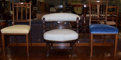 Lot 1260 - An Edwardian inlaid and upholstered tub chair, together with two Edwardian inlaid salon chairs (3)