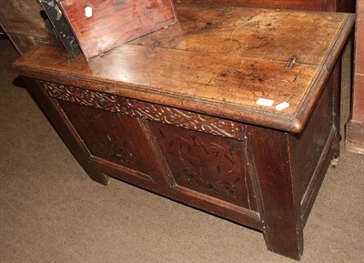 Lot 1286 - A late 17th century carved and marquetry inlaid oak coffer, 113cm wide