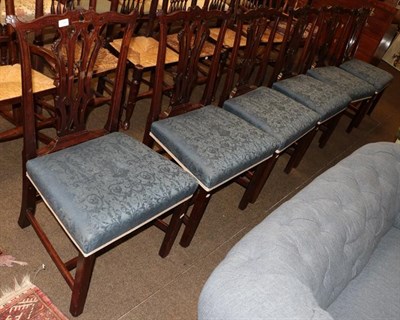 Lot 1296 - A set of six Chippendale style mahogany dining chairs, shaped top rails pierced splats, overstuffed