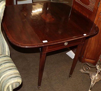 Lot 1322 - A George III inlaid mahogany Pembroke table, single drawer with square tapered legs to castors,...