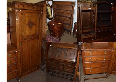 Lot 1338 - A 1920s oak single wardrobe and an oak bureau of similar taste, an oak four height chest, a...