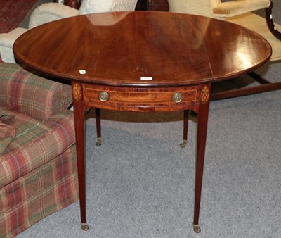 Lot 1416 - A George III mahogany and inlaid oval top Pembroke table with single drawer, 80cm wide