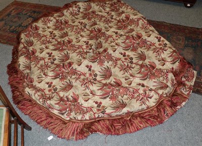 Lot 1459 - Large circular linen table cover, printed with flower heads in autumnal colours with a grey...