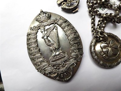 Lot 34 - A George V Silver Crossbelt Plate, Pouch Badge, Chains and Whistle to the Royal Irish Rifles,...