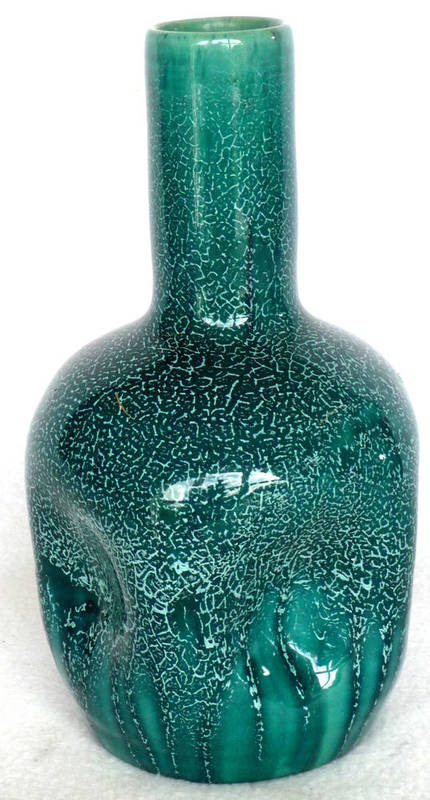 Lot 1428 - A Linthorpe Pottery Dimpled Bottle-Shaped Vase, shape No.24, turquoise and white glaze,...