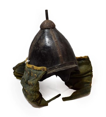 Lot 98 - A Korean ''War'' Helmet, possibly 17th Century, of  black lacquered leather with four vertical...
