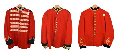 Lot 116 - Three Home Service Scarlet Tunics, one to a bandsman with Pioneer Corps staybrite buttons, one with