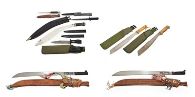 Lot 189 - Two Martindale No.2 Machetes, with wood grip scales and webbing sheaths; two Collins & Co Machetes