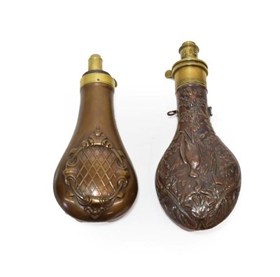 Lot 218 - A 19th Century Copper Powder Flask By G & J W Hawksley, Sheffield, richly embossed with hanging...