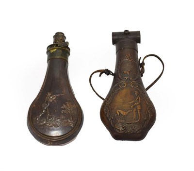 Lot 219 - A 19th Century Copper Powder Flask, of pear shape with canted lower edges, one side embossed with a