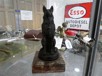 Lot 2000 - A 1920's Bronze Cast Dog Mascot, signed Ruffony, modelled as a seated Alsatian, on a circular base