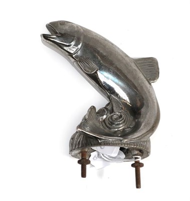 Lot 2009 - A 1920/30 Hollow Cast Metal Car Mascot as a Leaping Salmon, the scrolled base fitted with bolts...