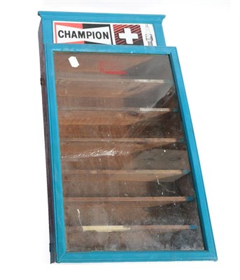 Lot 2047 - A Mid 20th Century Workshop Wall-Mounted Display Cabinet for Champion Spark Plugs, the glazed...